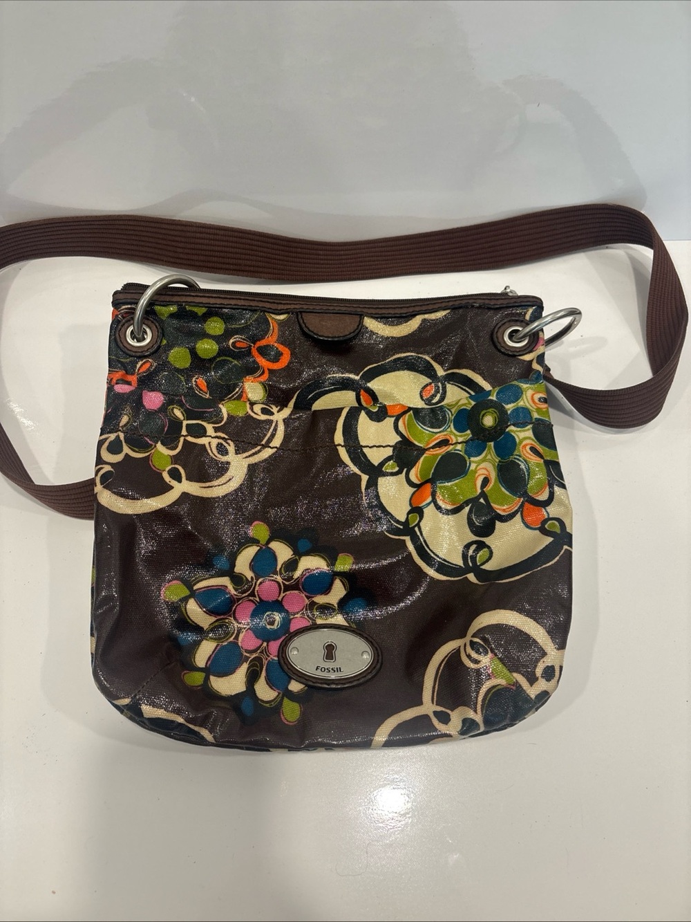 Fossil Key-Per Coated Pattern Multicolored Adjustable Strap Purse With Pockets